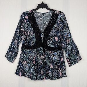 Torrid floral crinkle gauze lace up babydoll blouse tunic top size 2X